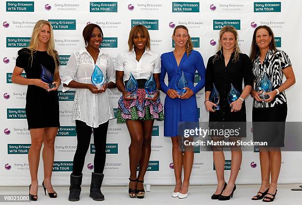 Elena Dementieva, Venus Williams, Serena Williams, Yanina Wickmayer, Kim Clijsters and Liezel Huber pose with their awards during the SEWTA Awards...