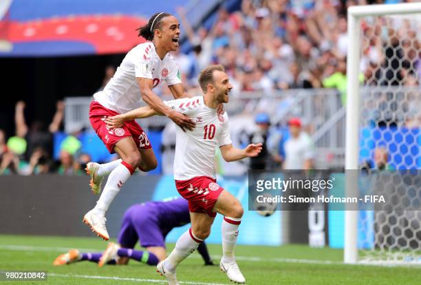 Christian Eriksen of Denmark celebrates with Yussuf Yurary Poulsen of Denmark after scoring the opening goal during the 2018 FIFA World Cup Russia...