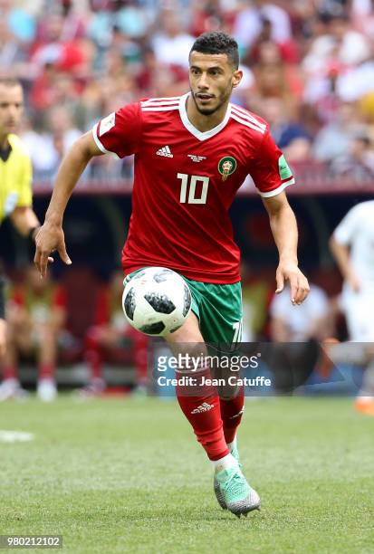Younes Belhanda of Morocco during the 2018 FIFA World Cup Russia group B match between Portugal and Morocco at Luzhniki Stadium on June 20, 2018 in...