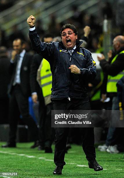 Pietro Leonardi manager of Parma FC celebrates after the first goal during the Serie A match between Parma FC and AC Milan at Stadio Ennio Tardini on...