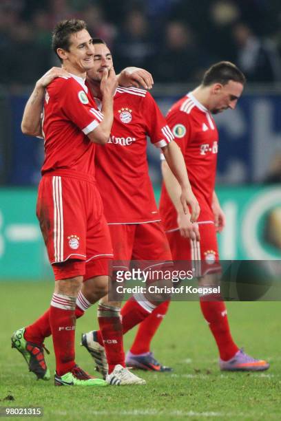 Miroslav Klose and Diego Contento of Bayern celebrate their 1-0 victory after extra time of the DFB Cup semi final match between FC Schalke 04 and FC...