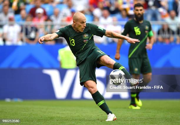 Aaron Mooy of Australia controls the ball during the 2018 FIFA World Cup Russia group C match between Denmark and Australia at Samara Arena on June...