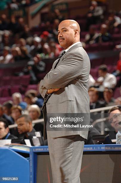 Stan Heath, head caoch of the South Florida Bulls, looks on during the Big East Second Round College Basketball Championship game against the...