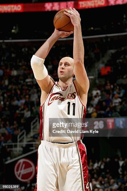 Zydrunas Ilgauskas of the Cleveland Cavaliers shoots during the game against the Memphis Grizzlies on February 2, 2010 at Quicken Loans Arena in...