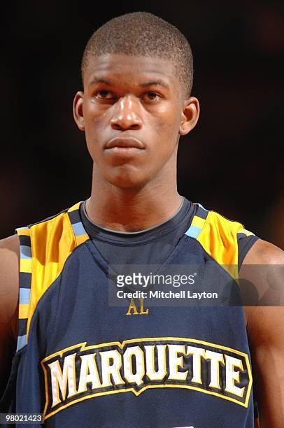 Jimmy Butler of the Marquette Golden Eagles looks on during the Big East Quarterfinal College Basketball Championship game against the Villanova...