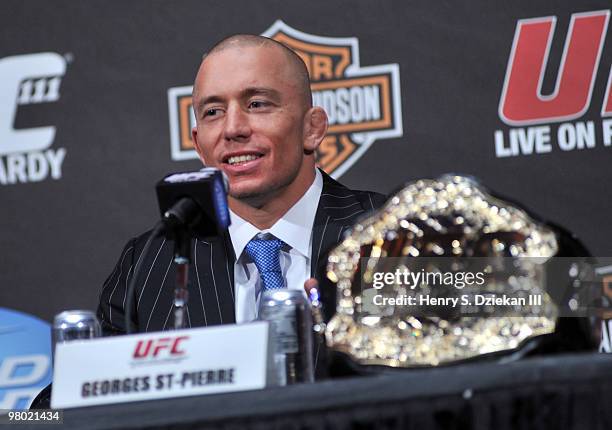 Welterweight Champion Georges St-Pierre attends the UFC 111 pre-fight press conference at Radio City Music Hall on March 24, 2010 in New York City.