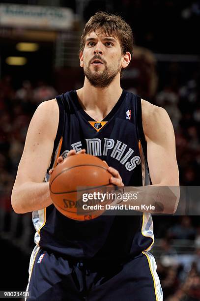 Marc Gasol of the Memphis Grizzlies shoots a free throw during the game against the Cleveland Cavaliers on February 2, 2010 at Quicken Loans Arena in...