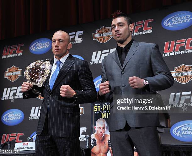 Welterweight Champion Georges St-Pierre and UFC fighter Dan "The Outlaw" Hardy attend the UFC 111 pre-fight press conference at Radio City Music Hall...