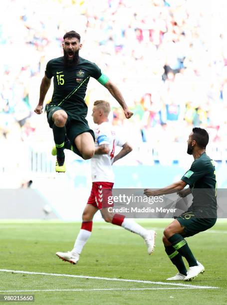 Mile Jedinak of Australia celebrates after scoring his team's first goal during the 2018 FIFA World Cup Russia group C match between Denmark and...