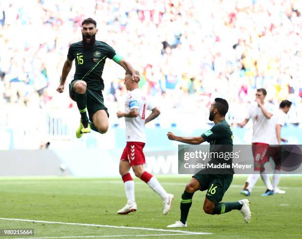 Mile Jedinak of Australia celebrates after scoring his team's first goal during the 2018 FIFA World Cup Russia group C match between Denmark and...