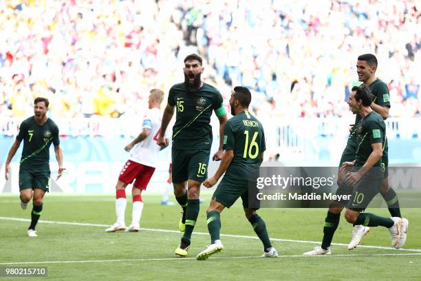 Mile Jedinak of Australia celebrates after scoring his team's first goal during the 2018 FIFA World Cup Russia group C match between Denmark and...