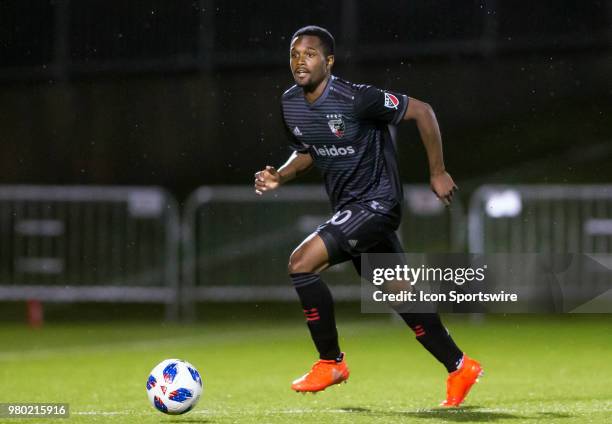 United defender Jalen Robinson moves up field during a USOC round of sixteen match between D.C United and Orlando City SC on June 20 at Maryland...
