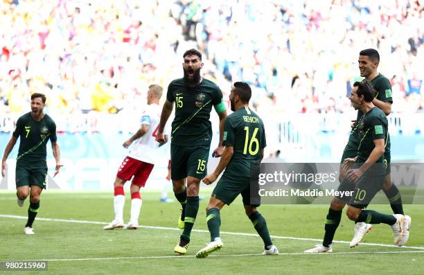 Mile Jedinak of Australia celebrates after scoring his team's first goal during the 2018 FIFA World Cup Russia group C match between Denmark and...