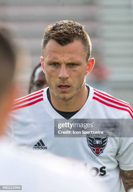 United defender Frederic Brillant warms up before a USOC round of sixteen match between D.C United and Orlando City SC on June 20 at Maryland...