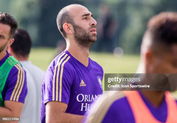 Orlando City forward Justin Meram warms up before a USOC round of sixteen match between D.C United and Orlando City SC on June 20 at Maryland...