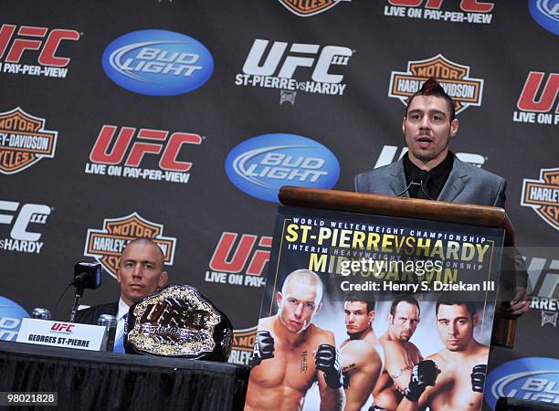 Welterweight Champion Georges St-Pierre and UFC Fighter Dan "The Outlaw" Hardy attend the UFC 111 pre-fight press conference at Radio City Music Hall...