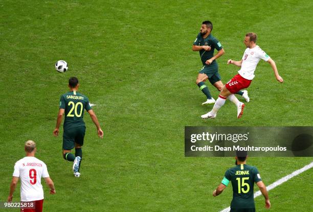 Christian Eriksen of Denmark scores his team's first goal during the 2018 FIFA World Cup Russia group C match between Denmark and Australia at Samara...