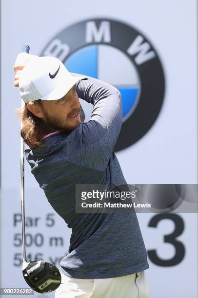Tommy Fleetwood of England tees off on the 3rd hole during day one of the BMW International Open at Golf Club Gut Larchenhof on June 21, 2018 in...