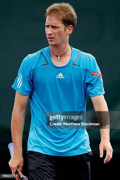 Florian Mayer of Germany looks on against Marco Chiudinelli of Switzerland during day two of the 2010 Sony Ericsson Open at Crandon Park Tennis...