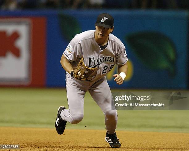 Florida Marlins first baseman Hee Seop Choi grabs an infield grounder for a putout against the Tampa Bay Devil Rays June 26, 2004. The Rays won 6 to...