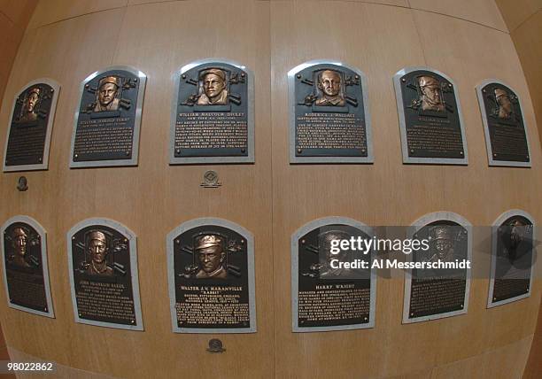 Plaques identify inductees into the Baseball Hall of Fame and Museum, July 25, 2004 in Cooperstown, New York.