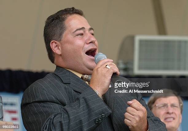 Daniel Rodriguez sings the National Anthem before watches Baseball Hall of Fame induction ceremonies July 25, 2004 in Cooperstown, New York.