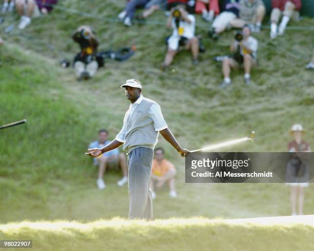 Vijay Singh looks for a win on the 18th hole during the final round at Whistling Straits, site of the 86th PGA Championship in Haven, Wisconsin...