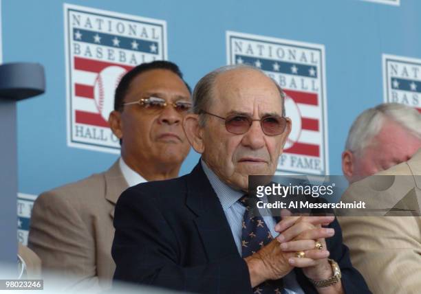 Yogi Berra watches 2004 Baseball Hall of Fame induction ceremonies July 25, 2004 in Cooperstown, New York.