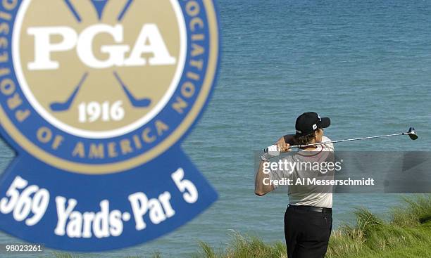 Adam Scott tees off on the 16th hole during the final round at Whistling Straits, site of the 86th PGA Championship in Haven, Wisconsin August 15,...