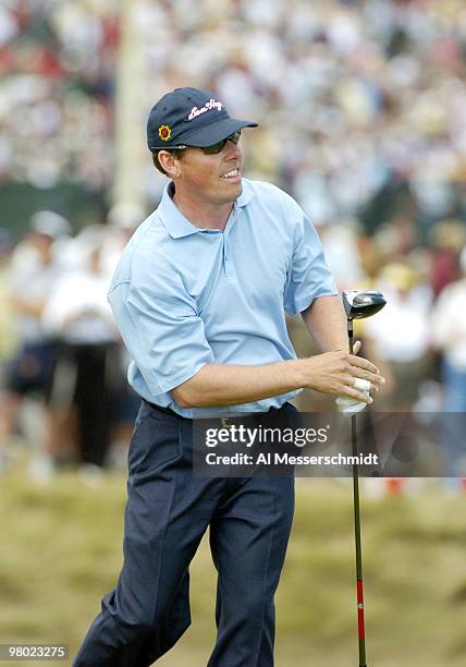 Justin Leonard tees off during the final round at Whistling Straits, site of the 86th PGA Championship in Haven, Wisconsin August 15, 2004.