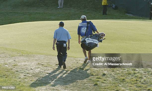 Justin Leonard walks to the 18th green during the final round at Whistling Straits, site of the 86th PGA Championship in Haven, Wisconsin August 15,...