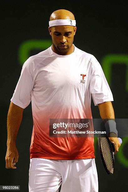 James Blake of the United States looks on against Filip Krajinovic of Serbia during day two of the 2010 Sony Ericsson Open at Crandon Park Tennis...