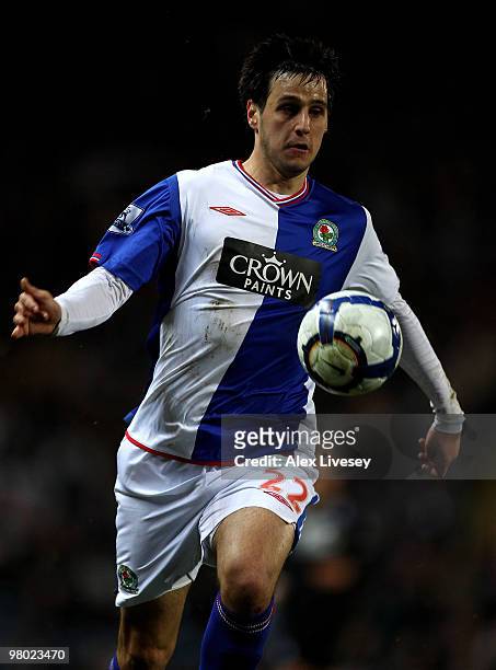 Nikola Kalinic of Blackburn Rovers in action during the Barclays Premier League match between Blackburn Rovers and Birmingham City at Ewood Park on...