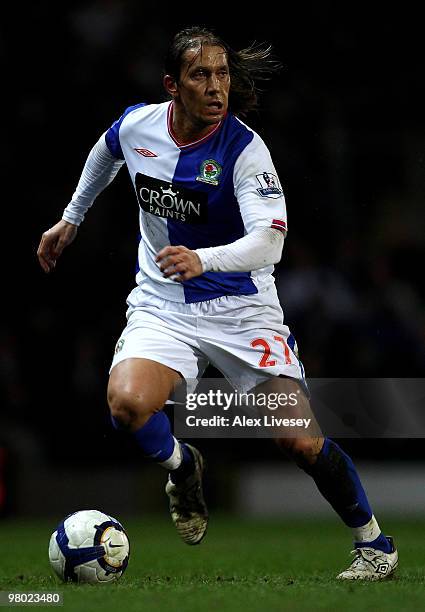 Michel Salgado of Blackburn Rovers in action during the Barclays Premier League match between Blackburn Rovers and Birmingham City at Ewood Park on...