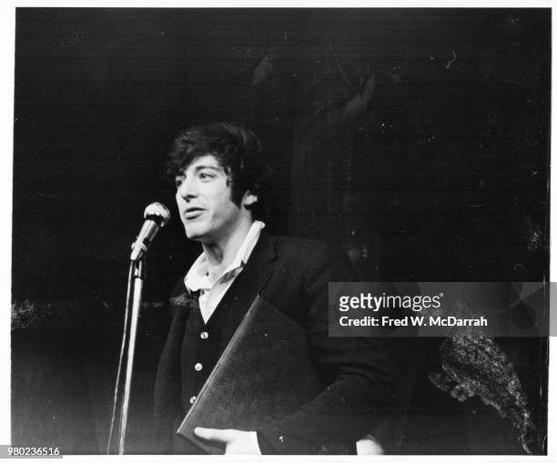 American actor Al Pacino speaks from the stage after receiving the Obie Award for Best Actor at the Village Gate , New York, New York, May 25, 1968.