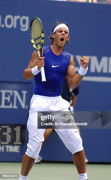 Second-seeded Rafael Nadal falls to James Blake 6-4 4-6 6-3 6-1 in a third round men's singles match at the 2005 U. S. Open in Flushing, New York.