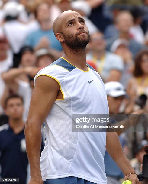 James Blake upsets second-seeded Rafael Nadal 6-4 4-6 6-3 6-1 in a third round men's singles match at the 2005 U. S. Open in Flushing, New York.