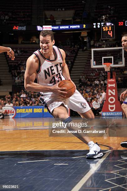 Kris Humphries of the New Jersey Nets drives against the Sacramento Kings during the game on March 24, 2010 at the Izod Center in East Rutherford,...