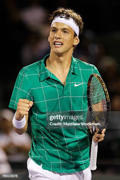 Filip Krajinovic of Serbia reacts after a point against James Blake of the United States during day two of the 2010 Sony Ericsson Open at Crandon...