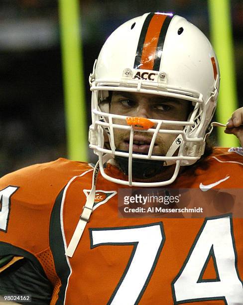 University of Miami guard Eric Winston sets for play against LSU during the 2005 Chick-fil-A Peach Bowl at the Georgia Dome in Atlanta, Georgia on...