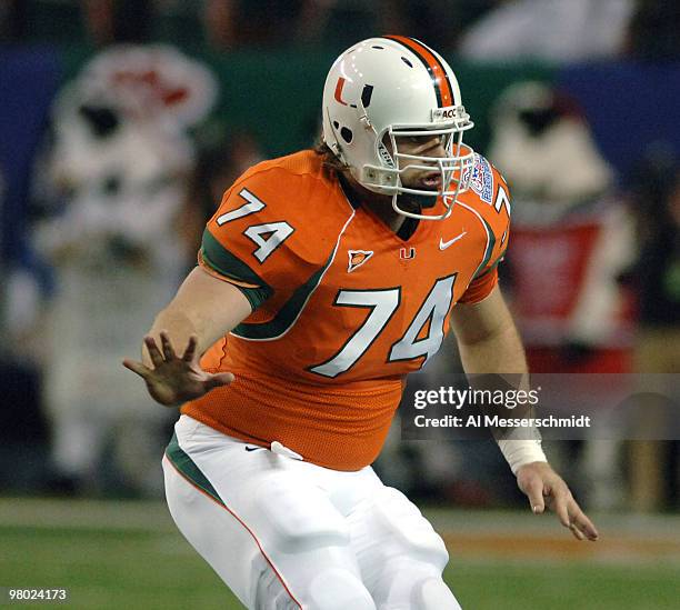 University of Miami guard Eric Winston sets to block against LSU during the 2005 Chick-fil-A Peach Bowl at the Georgia Dome in Atlanta, Georgia on...