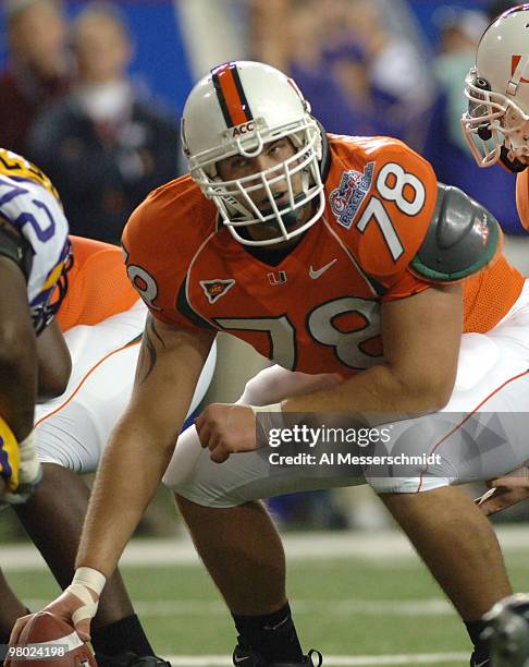 University of Miami center Anthony Wollschlager sets for play against LSU during the 2005 Chick-fil-A Peach Bowl at the Georgia Dome in Atlanta,...