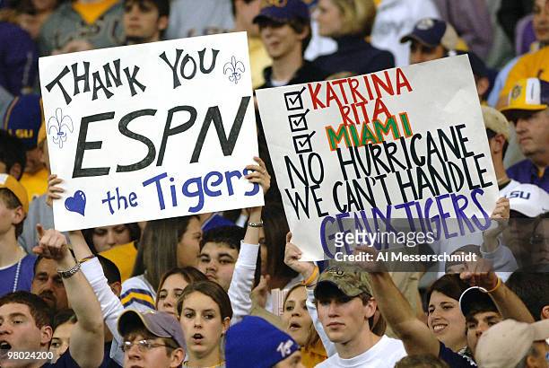 Fans cheer play during the 2005 Chick-fil-A Peach Bowl at the Georgia Dome in Atlanta, Georgia on December 30, 2005. LSU defeated Miami 40-3.