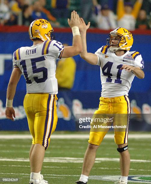 Kicker Chris Jackson celebrates a field goal against the University of Miami during the 2005 Chick-fil-A Peach Bowl at the Georgia Dome in Atlanta,...