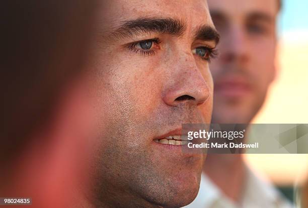 Brad Scott coach of the Kangaroos speaks to the media during a North Melbourne AFL Press Conference ahead of his first AFL match as senior coach at...