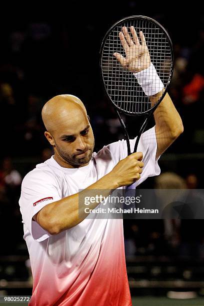 James Blake of the United States celebrates after defeating Filip Krajinovic of Serbia during day two of the 2010 Sony Ericsson Open at Crandon Park...
