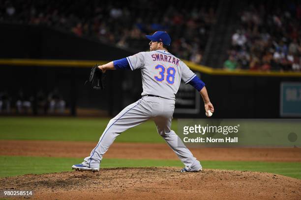 Anthony Swarzak of the New York Mets delivers a ninth inning pitch against the Arizona Diamondbacks at Chase Field on June 16, 2018 in Phoenix,...