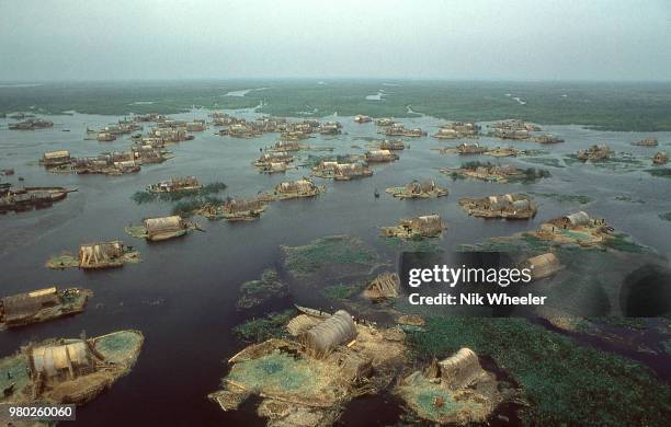 View of a traditional Marsh Arab village of reed houses in the wetlands of Southern Iraq circa 1978.