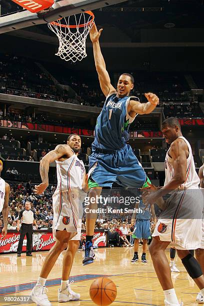Tyson Chandler of the Charlotte Bobcats strips the ball from Ryan Hollins of the Minnesota Timberwolves on March 24, 2010 at the Time Warner Cable...