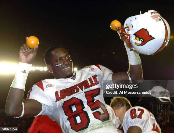 Louisville wide receiver Harry Douglas celebrates a victory against Wake Forest on January 2, 2007 at the 73rd annual FedEx Orange Bowl in Miami,...